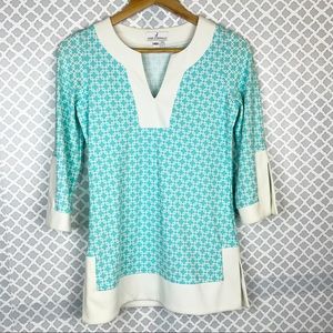 EUC Jude Connally Aqua White Link Printed Tunic Top